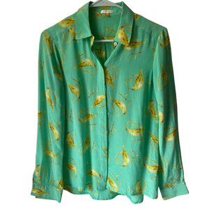 Anthropologie Leifsdottir Green Silk Blouse Yellow Birds Button-Up Top Women 2